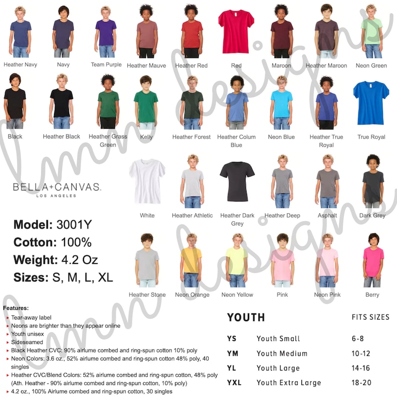 May include: A product display featuring a variety of youth t-shirts in various colors, including red, blue, and black. The shirts are made of 100% cotton and come in sizes S, M, L, and XL. The brand is Bella+Canvas.