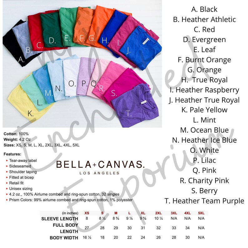 Peut inclure: Un tableau pr&eacute;sentant 20 couleurs diff&eacute;rentes de t-shirts Bella + Canvas. Les couleurs sont &eacute;tiquet&eacute;es de A &agrave; T. Le tableau comprend &eacute;galement des informations sur le tissu, le poids, les tailles et les caract&eacute;ristiques des t-shirts. Les t-shirts sont disponibles en tailles XS &agrave; 5XL.