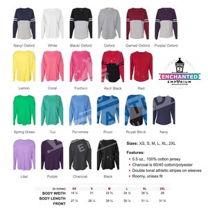 May include: A chart showing 16 different color variations of a long-sleeved t-shirt with athletic stripes on the sleeves. The t-shirt is available in sizes XS, S, M, L, XL, and 2XL. The t-shirt is made of 5.5 oz., 100% cotton jersey. The charcoal color is 60/40 cotton/polyester. The t-shirt has a roomy, unisex fit.