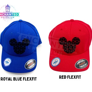 May include: Two baseball caps with a black Mickey Mouse silhouette on the front. The cap on the left is royal blue and the cap on the right is red. Both caps have a Flexfit logo on the back.