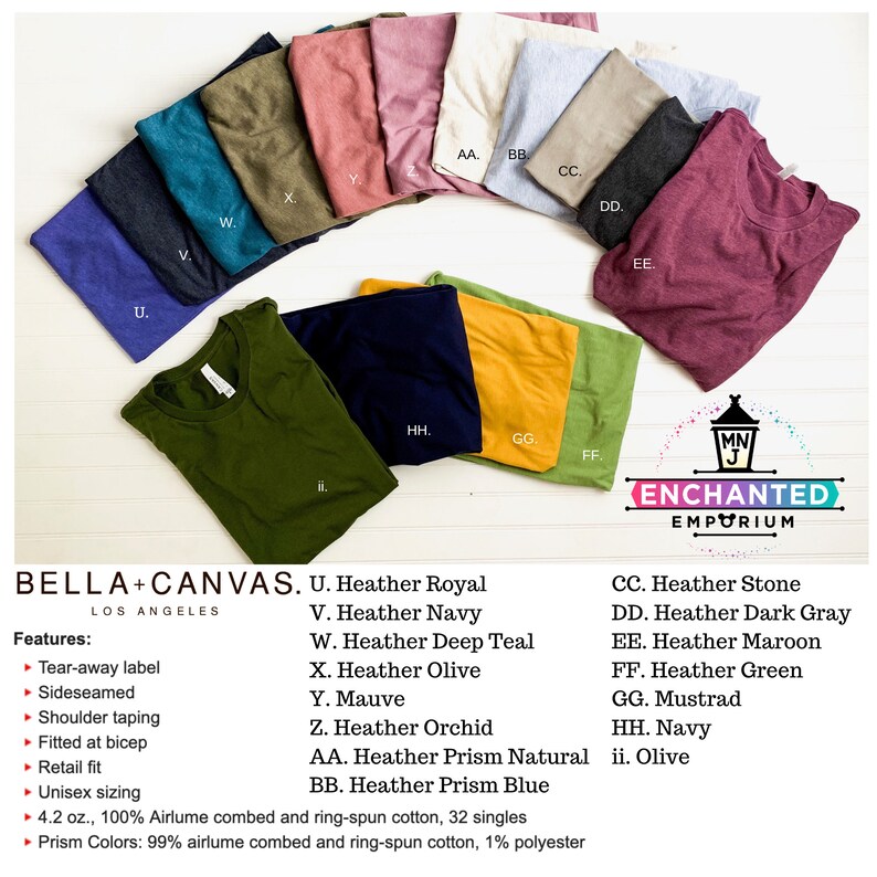 May include: A collection of folded Bella+Canvas t-shirts in various colors, including heather royal, navy, deep teal, olive, mauve, orchid, prism natural, prism blue, stone, dark gray, maroon, green, mustard, navy, and olive. The shirts feature a tear-away label, side seams, and shoulder taping.