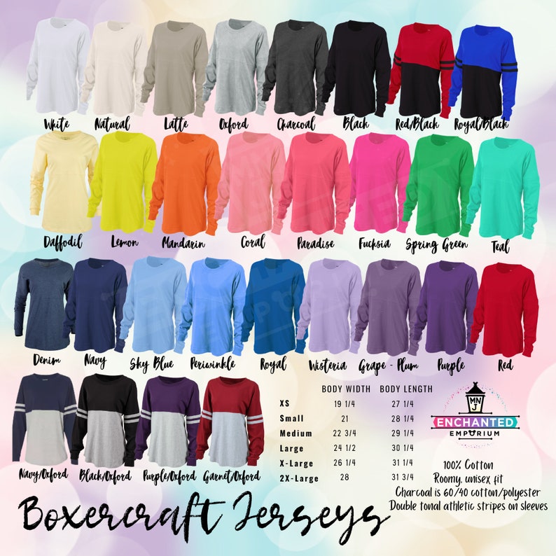May include: A chart showing different colours of long-sleeved t-shirts with athletic stripes on the sleeves. The chart includes a size chart with body width and body length measurements in inches. The text "Boxercraft Jerseys" is at the bottom of the chart.