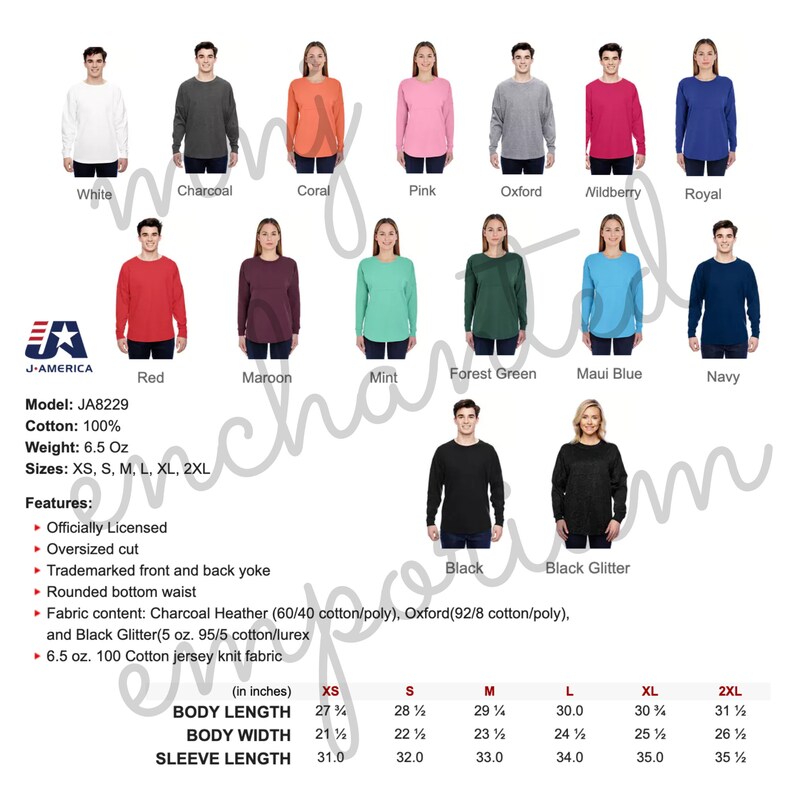 May include: A chart showing the different colors and sizes of long-sleeve shirts. The shirts are made of 100% cotton and weigh 6.5 ounces. The sizes available are XS, S, M, L, XL, and 2XL. The colors are white, charcoal, coral, pink, oxford, wildberry, royal, red, maroon, mint, forest green, Maui blue, navy, black, and black glitter.