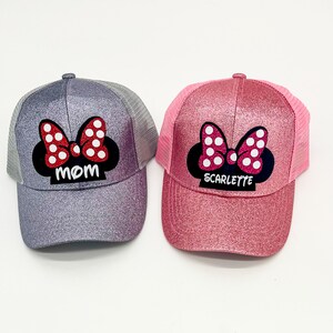 Half Minnie Mouse Head Disney Inspired High Ponytail Youth Adult Women Walt Disney Mickey Mouse Fitted Trucker Hat Cap