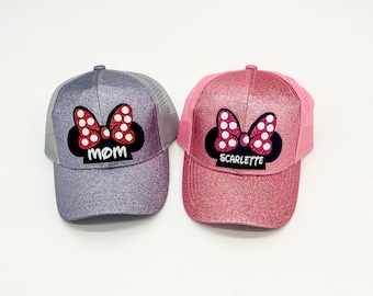 Half Minnie Mouse Head Disney Inspired High Ponytail Youth Adult Women Walt Disney Mickey Mouse Fitted Trucker Hat Cap