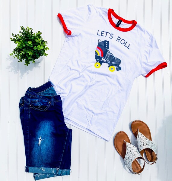 Retro Let's Roll Shirt, Let's Roll Roller Skate Shirt, Roller Derby Shirt, Roller Skates, Vintage Let's Roll Shirt, Ringer T-Shirt