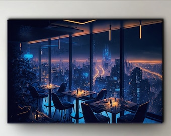 Cyberpunk Night City Restaurant Canvas Art: Neon Lights Oil Paint Design