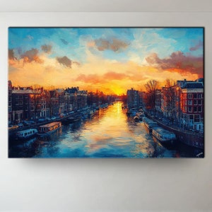 Amsterdam Sunset Canvas Print: Cityscape Oil Painting Style Wall Art