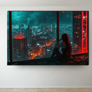 Cyberpunk Night City Landschaft ""Skyscraper Einsamkeit"" Leinwand Neon Lichter Ölfarbe Design Fan Kunst Wanddekor."