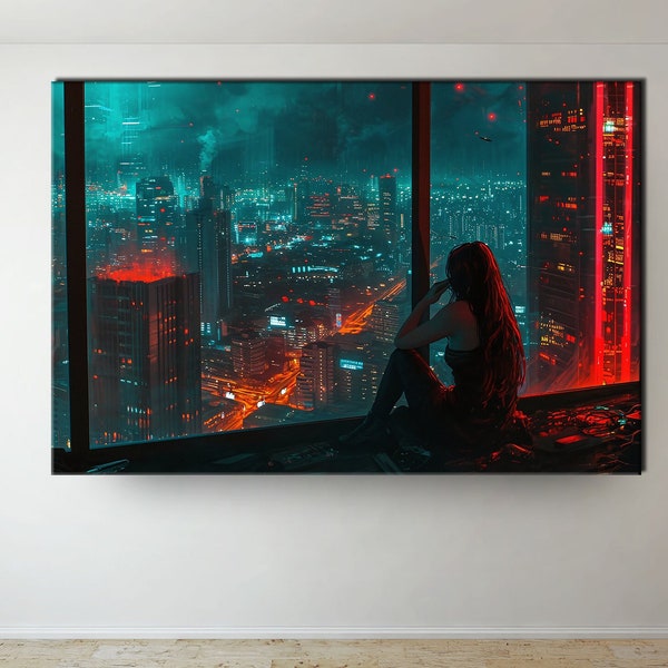 Cyberpunk Night City Landscape "Skyscraper Solitude" Canvas Neon Lights Oil Paint Design Fan Art Wall Decor