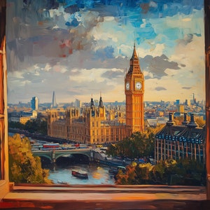 London City &quot;Big Ben from my window&quot; View Gift Oil Painting Design Landscape Canvas Print Poster Home Decor Wall Art, Gift for Home decor
