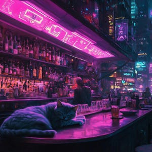 Cyberpunk Night City Landschaft ""The Grey Furry" Leinwand Neon Lichter Ölfarbe Design Fan Kunst Wanddekor"