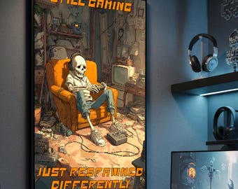 Impresión divertida de esqueleto de jugador, arte de videojuegos retro