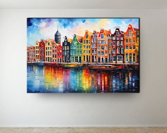 Amsterdam City Canals Canvas Print: Oil Painting Style Home Decor