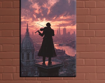 Sherlock Holmes Violin Canvas Art, London Sunset, Victorian Decor