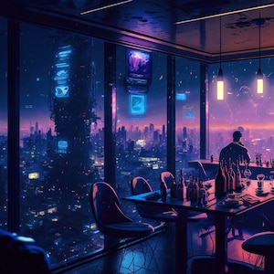 Cyberpunk Night City ""The Bar in the Skyscraper"" Leinwand Neon Lichter Ölfarbe Design Fan Art Wanddekor."