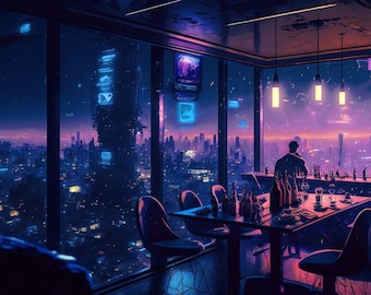Cyberpunk Night City Canvas Art: Neon Lights, Skyscraper Bar