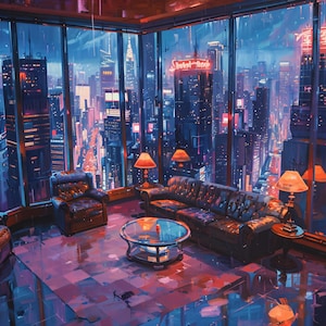 Cyberpunk Night City ""LivingRoom At Skyscrapper" Leinwand Neon Lichter Ölfarbe Design Fan Art Wanddekor."
