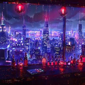 Cyberpunk Night City Landschaft ""Whiskey Bar"" Leinwand Neon Lichter Ölfarbe Design Fan Kunst Wanddekor"