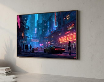 Art mural cyberpunk, toile ville néon | affiche de voiture futuriste | Impression de scène de nuit de science-fiction dystopique pour la décoration intérieure