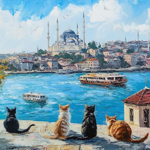 Cidade dos gatos Istambul pintura a óleo design cidade paisagem impressão em tela pôster decoração para casa arte de parede, presente para decoração de casa