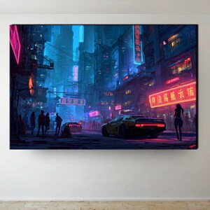May include: A futuristic cityscape painting with neon lights. A yellow sports car is parked on a street with people walking. Buildings and signs are illuminated in pink and blue.