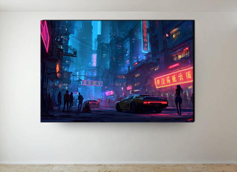 May include: A futuristic cityscape painting with neon lights. A yellow sports car is parked on a street with people walking. Buildings and signs are illuminated in pink and blue.