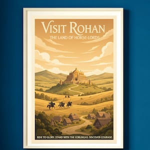 May include: A framed travel poster with the text "Visit Rohan, The Land of Horse-Lords." The image depicts a landscape with a castle, riders on horseback, and a village. The bottom reads "Ride to Glory. Stand with the Eorlingas. Discover Courage."