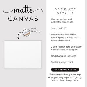 May include: A white matte canvas with the word "matte" in cursive script. Product details include cotton and polyester composite canvas, stretched 1.25 inches, and a frame made with radiata pine. Back hanging is included.