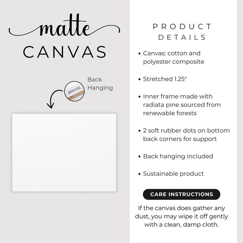 May include: A white matte canvas with the word "matte" in cursive script. Product details include cotton and polyester composite canvas, stretched 1.25 inches, and a frame made with radiata pine. Back hanging is included.
