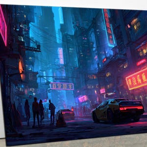 May include: A canvas print depicting a futuristic cityscape at night. The scene is dominated by neon lights in shades of pink and blue, illuminating the buildings and streets. Silhouettes of people and cars add to the urban atmosphere.