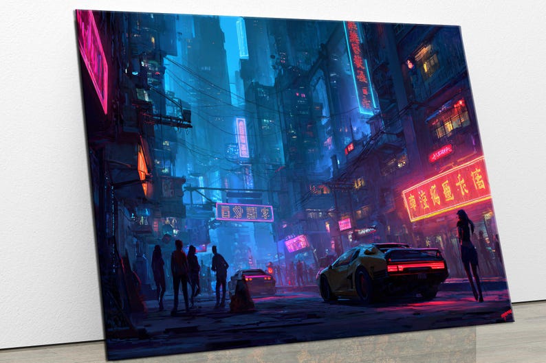 May include: A canvas print depicting a futuristic cityscape at night. The scene is dominated by neon lights in shades of pink and blue, illuminating the buildings and streets. Silhouettes of people and cars add to the urban atmosphere.