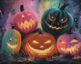 カラフルなカボチャのハロウィンウォールアート | パステルキャンバス
