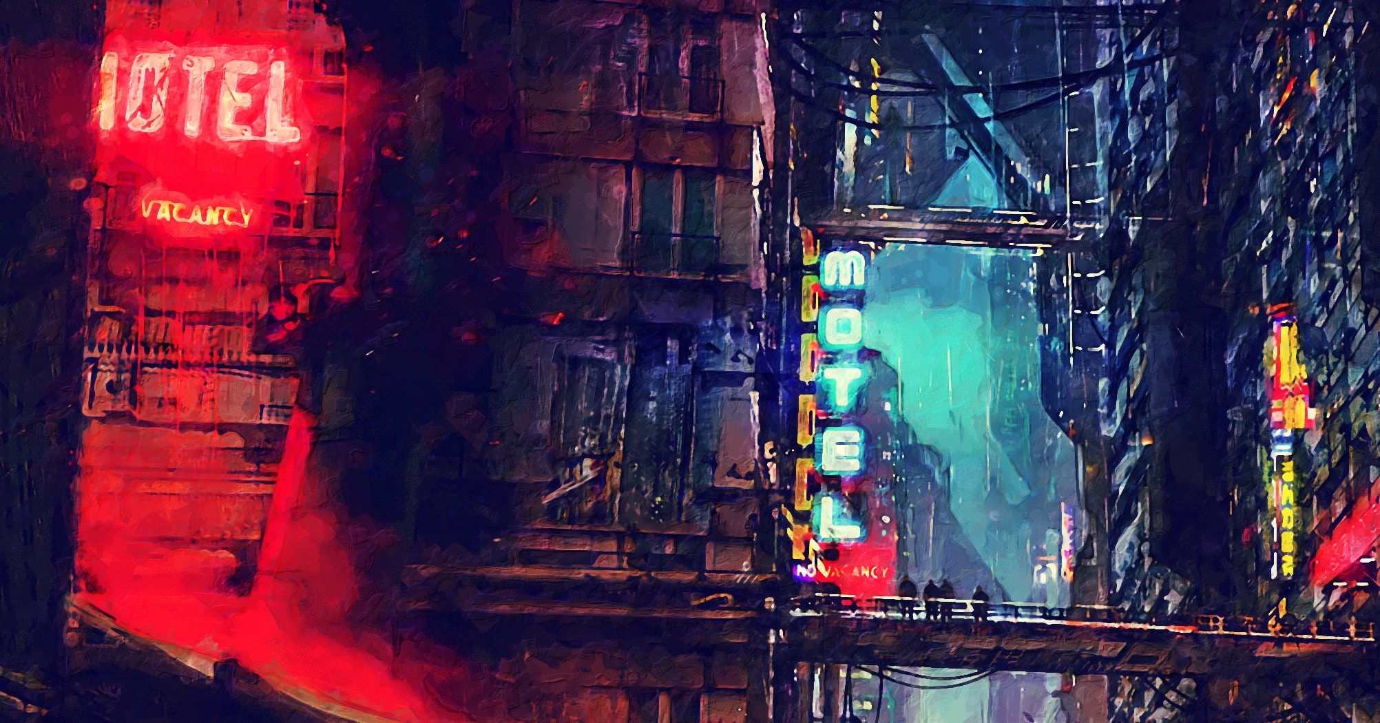 Cyberpunk City View With Oil Painting Design Night City Canvas Etsy