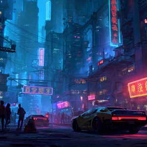 May include: A futuristic cityscape at night, illuminated by neon signs in shades of pink, blue, and purple. A yellow sports car is parked on the street, with people walking in the background. The scene evokes a cyberpunk aesthetic.