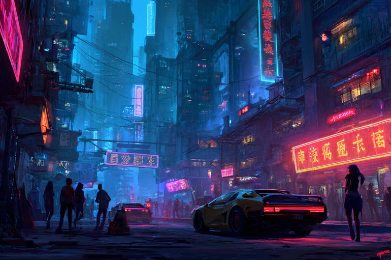 May include: A futuristic cityscape at night, illuminated by neon signs in shades of pink, blue, and purple. A yellow sports car is parked on the street, with people walking in the background. The scene evokes a cyberpunk aesthetic.