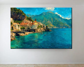 Amalfi Coast Wall Art, Italy Coastal Landscape Canvas Print, Mediterranean Seaside Painting, Italian Riviera Home Decor, Travel Art Poster