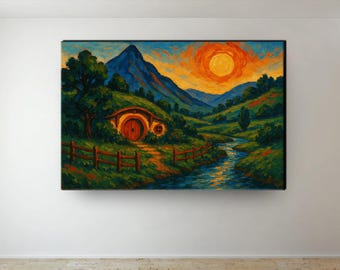 Shire Landscape Canvas Art, Hobbit House Painting, Middle Earth Decor