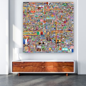 Könnte beinhalten: Eine große, farbenfrohe Collage aus Bildern und Text. Die Collage besteht aus Hunderten von kleinen Quadraten, die jeweils ein anderes Bild oder einen anderen Text enthalten. Die Bilder sind eine Mischung aus Fotografien, Illustrationen und digitaler Kunst. Der Text ist eine Mischung aus Wörtern, Phrasen und Symbolen. Die Collage ist eine lebendige und chaotische Mischung aus Farben und Texturen.