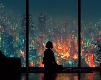 Neon Cyberpunk City Canvas Art: Futuristic Girl Silhouette