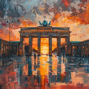 May include: A painting of the Brandenburg Gate in Berlin, Germany, at sunset. The gate is illuminated by the setting sun, and the sky is a vibrant orange and red. There are people walking in front of the gate, and the ground is wet from rain.