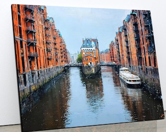 Impresión de lienzo de Speicherstadt Hamburgo: Diseño original de pintura al óleo