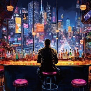 Cyberpunk Night City Landschaft ""Blick auf die Stadt"" Leinwand Neon Lichter Ölfarbe Design Fan Art Wanddekor."
