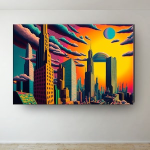 Psychedelic Art City Landscape &quot;Skyscrappers&quot; Canvas Colorfull Oil Paint Design  Art Wall Decor