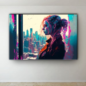 Psychedelic Cityscape Canvas Art: &quot;Pink Girl&quot; Oil Painting Design