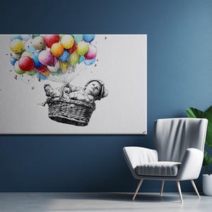 Modernes abstraktes Bild, Baby im Ballon, Vintage Wandbild, Vintage Wandkunst, Retro Poster, Bunte Wandkunst, Leinwand Wandkunst