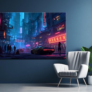 May include: A canvas print depicting a futuristic cityscape at night. Neon signs in red and blue illuminate the buildings and streets. A yellow sports car is parked on the street, and people are walking in the distance. The overall theme is cyberpunk.