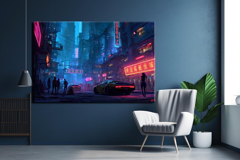 May include: A canvas print depicting a futuristic cityscape at night. Neon signs in red and blue illuminate the buildings and streets. A yellow sports car is parked on the street, and people are walking in the distance. The overall theme is cyberpunk.