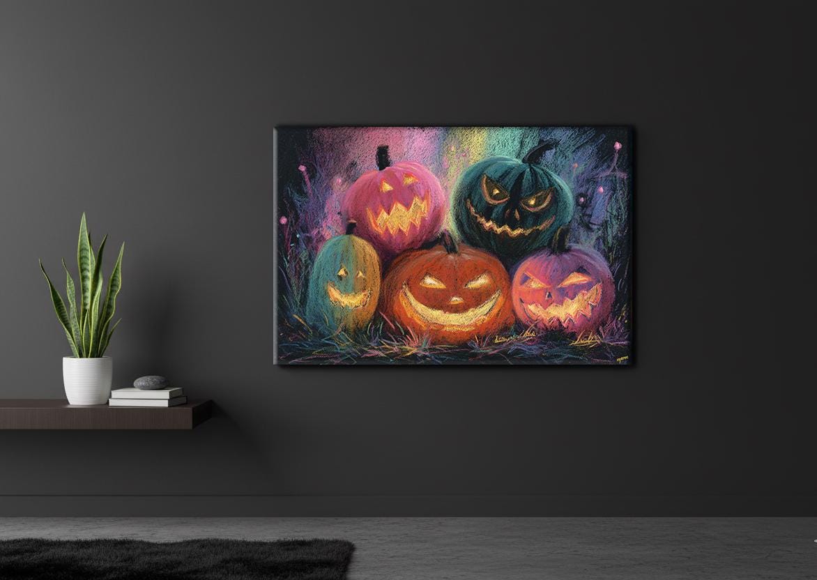 ゴールドのハロウィンカボチャアート大判ポスター カラフルなカボチャのハロウィンウォールアート | パステルキャンバス