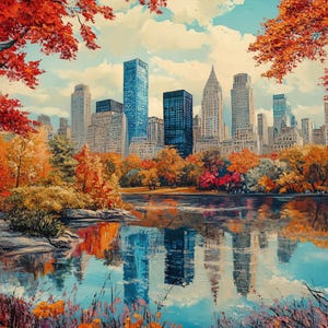 Vista di New York City "Central Park in autunno" Disegno di pittura a olio Paesaggio Stampa su tela Poster Decorazione per la casa Arte murale, regalo per l'arredamento della casa